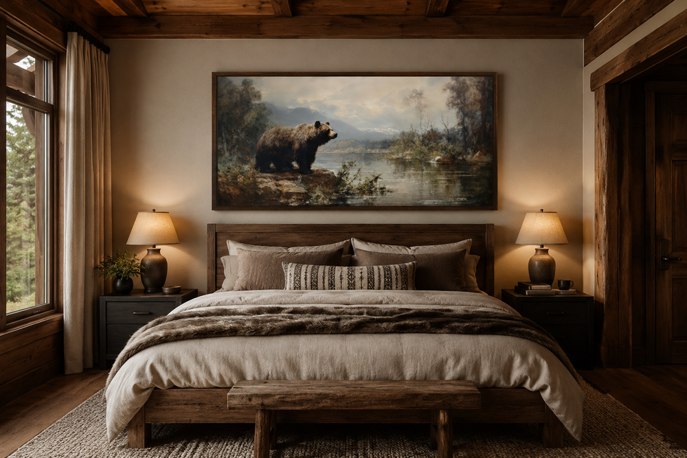 Framed grizzly bear canvas print hanging above a wooden bed in a rustic cabin bedroom.