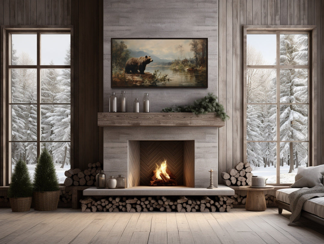 Grizzly Bear Wall Art - Rustic Cabin Decor Wildlife Canvas Print Framed