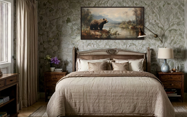 Grizzly Bear Wall Art - Rustic Cabin Decor Wildlife Canvas Print Framed
