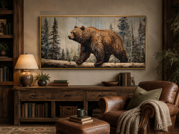 Rustic grizzly bear canvas wall art with wood effect in a cozy cabin living room setting.