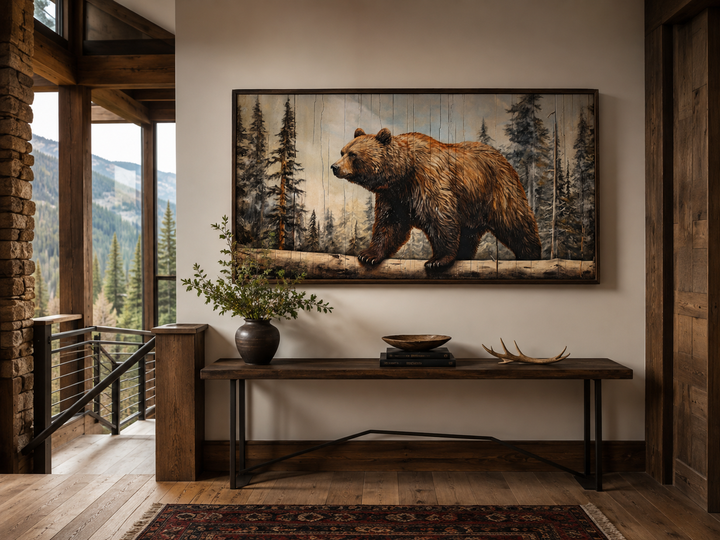 Rustic grizzly bear wall art on wood effect canvas, framed and hanging in a cabin-style room.