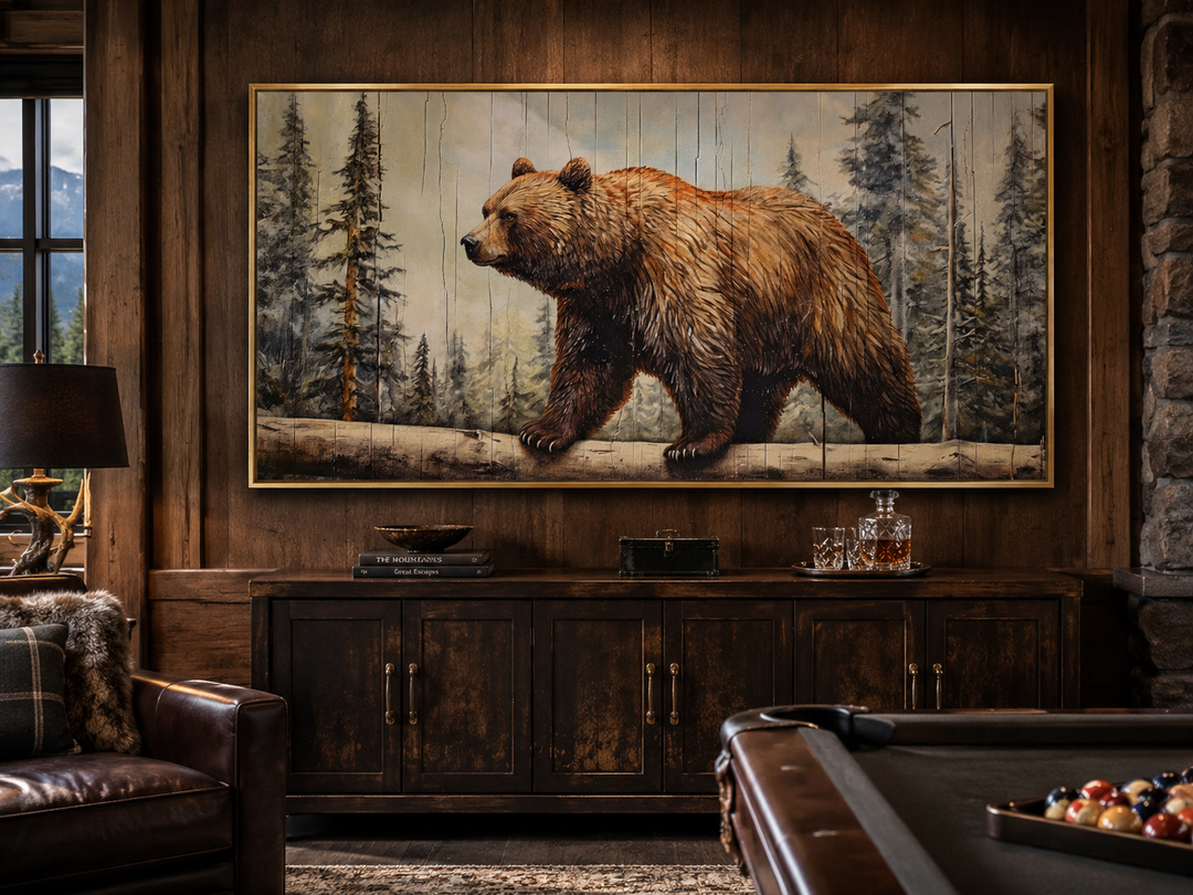 Grizzly bear wall art on wood effect canvas in a rustic cabin setting above a dark wood sideboard.