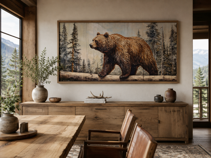 Rustic grizzly bear wall art on wood effect framed canvas, perfect for cabin or lodge decor.