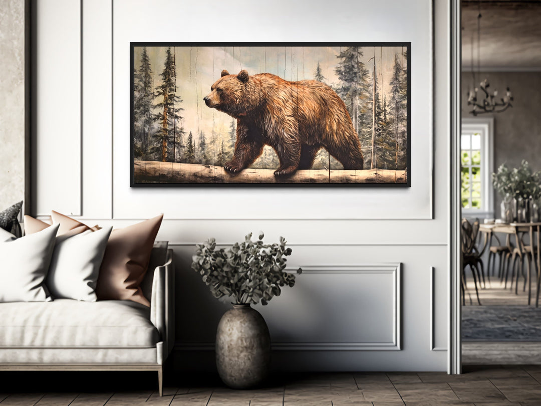 Rustic grizzly bear canvas wall art with wood effect, framed and hanging in a modern living room.