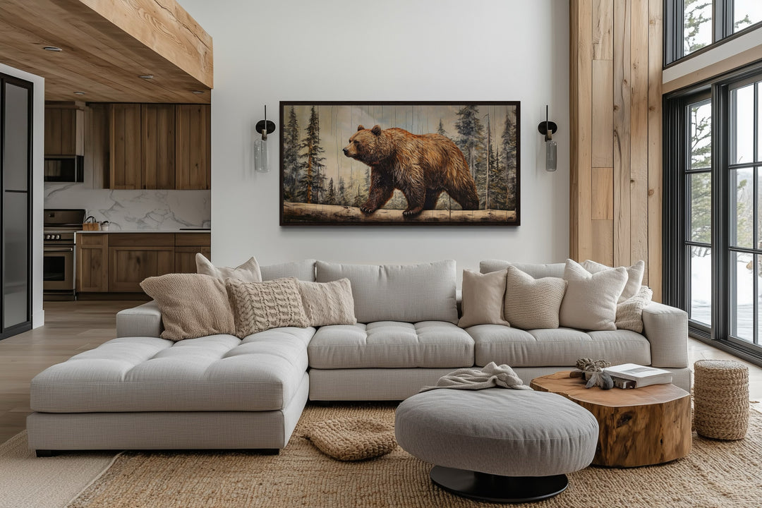 Rustic grizzly bear canvas print with wood effect hanging above a modern sectional sofa.