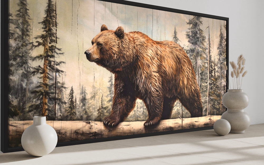 Rustic grizzly bear wall art on wood effect framed canvas, ideal for cabin and lodge decor.