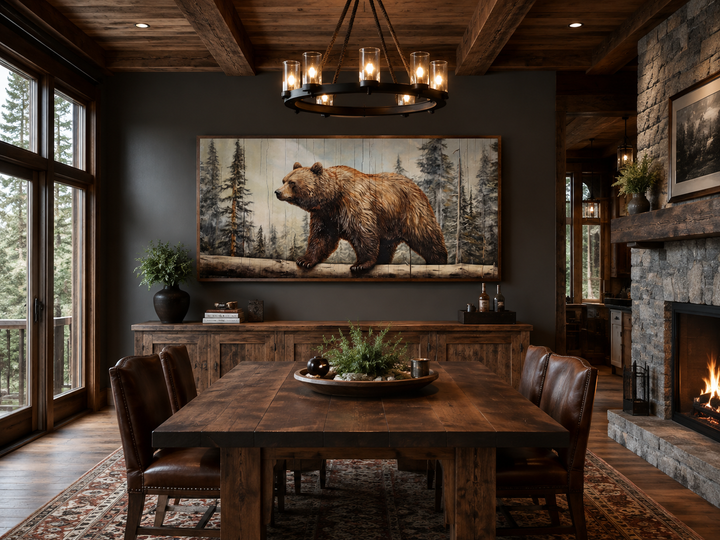 Rustic grizzly bear canvas wall art with wood effect, hanging in a cabin-style dining room.