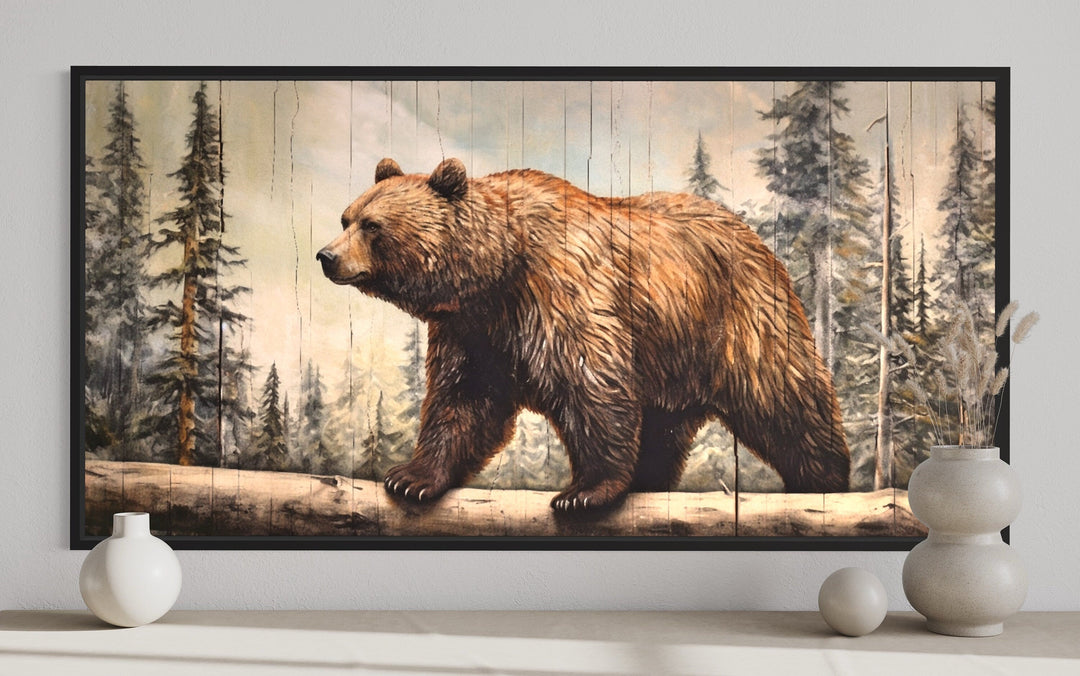 Grizzly Bear Wall Art - Rustic Canvas Print With Wood Effect For Cabin Decor