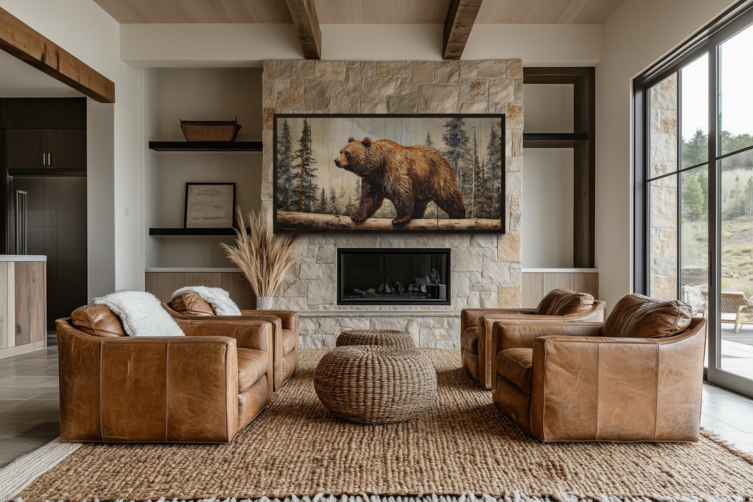 Grizzly Bear Wall Art - Rustic Canvas Print With Wood Effect For Cabin Decor
