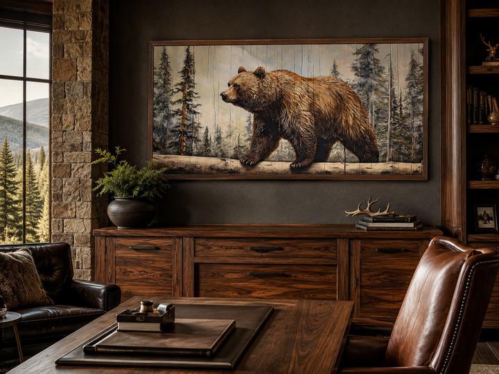 Rustic grizzly bear canvas print with wood effect, framed and hanging in a cabin-style office.