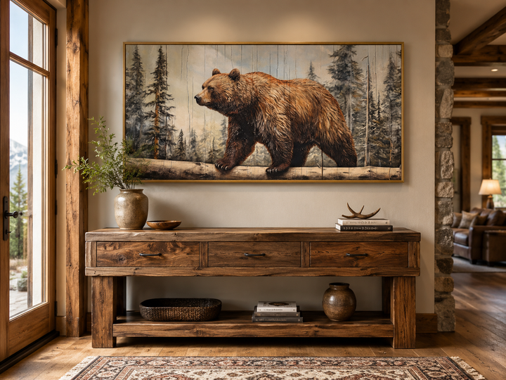 Rustic framed canvas wall art of a grizzly bear in a forest with a wood plank effect.