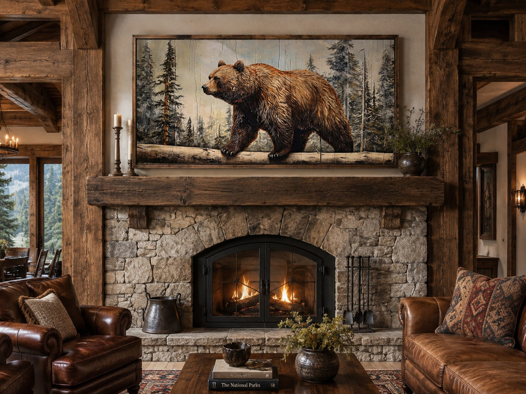 Rustic grizzly bear canvas wall art with wood effect above a stone fireplace in a cabin living room.
