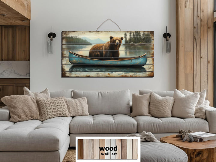 Grizzly Bear in Blue Canoe Distressed Wood Wall Art, Rustic Lake Cabin Wildlife Scene Decor