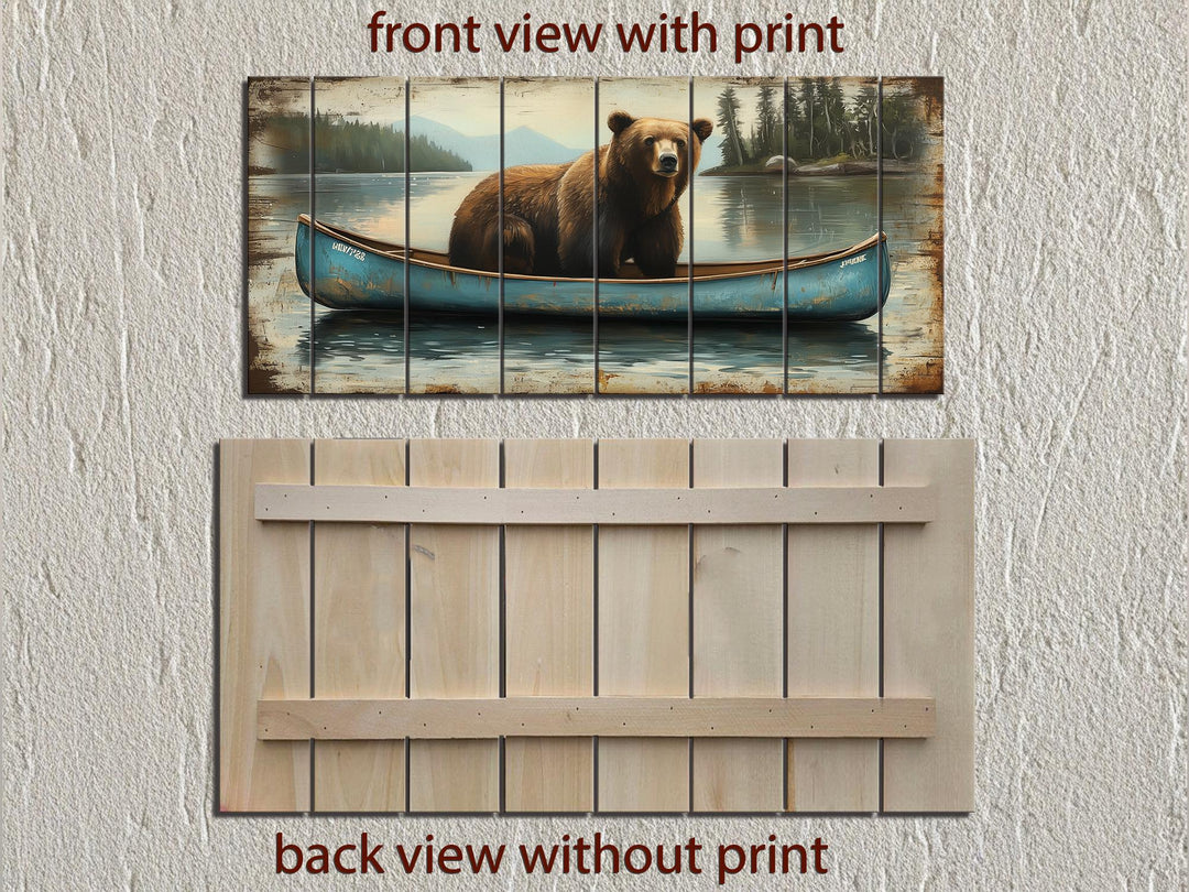 Grizzly Bear in Blue Canoe Distressed Wood Wall Art, Rustic Lake Cabin Wildlife Scene Decor