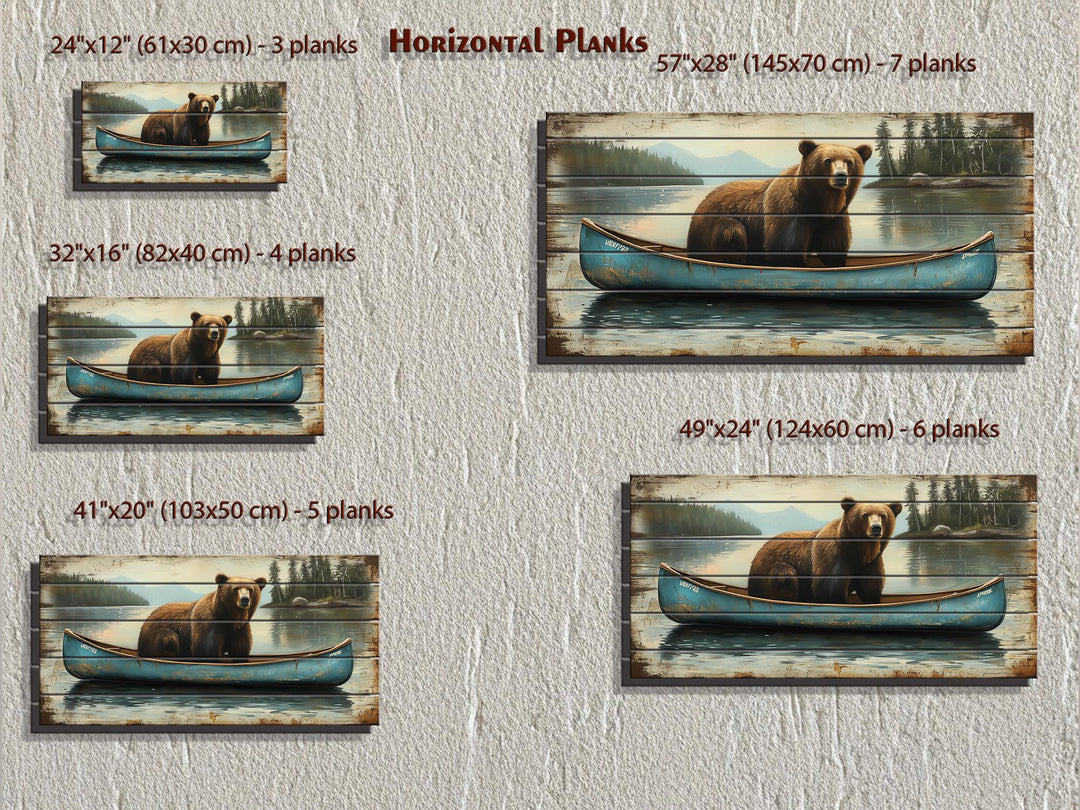 Grizzly Bear in Blue Canoe Distressed Wood Wall Art, Rustic Lake Cabin Wildlife Scene Decor