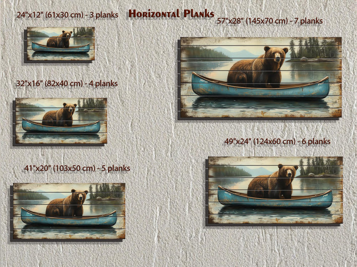 Grizzly Bear in Blue Canoe Distressed Wood Wall Art, Rustic Lake Cabin Wildlife Scene Decor