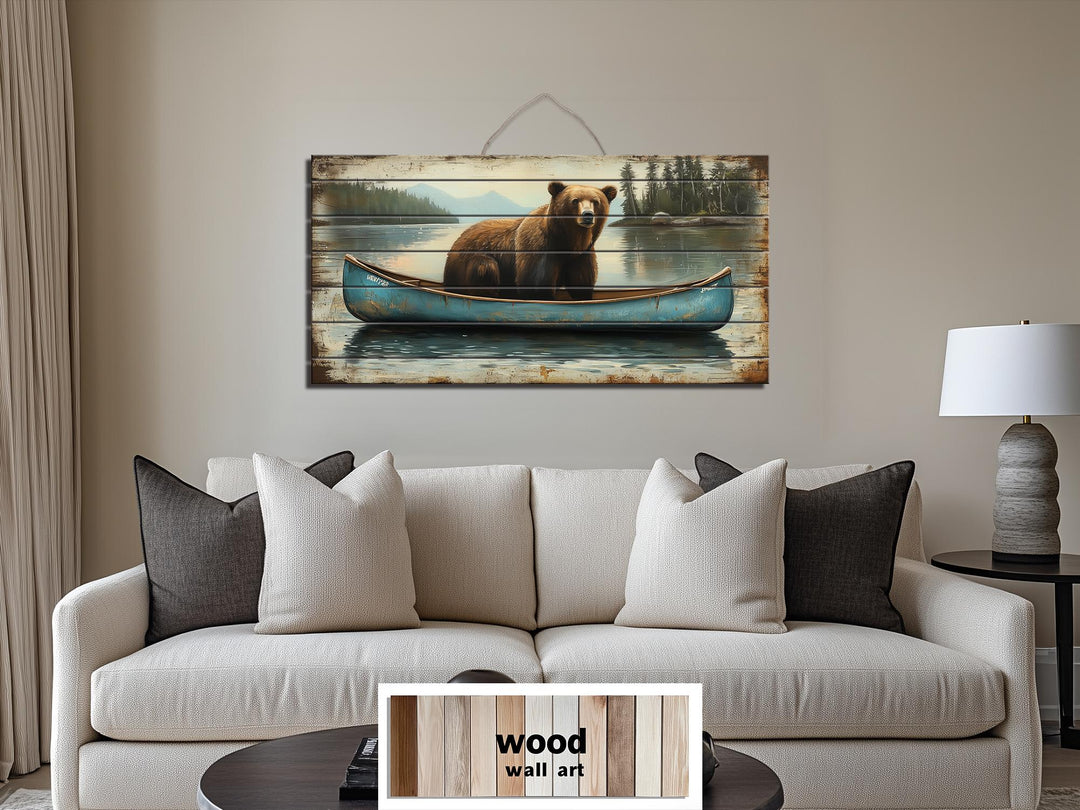 Grizzly Bear in Blue Canoe Distressed Wood Wall Art, Rustic Lake Cabin Wildlife Scene Decor