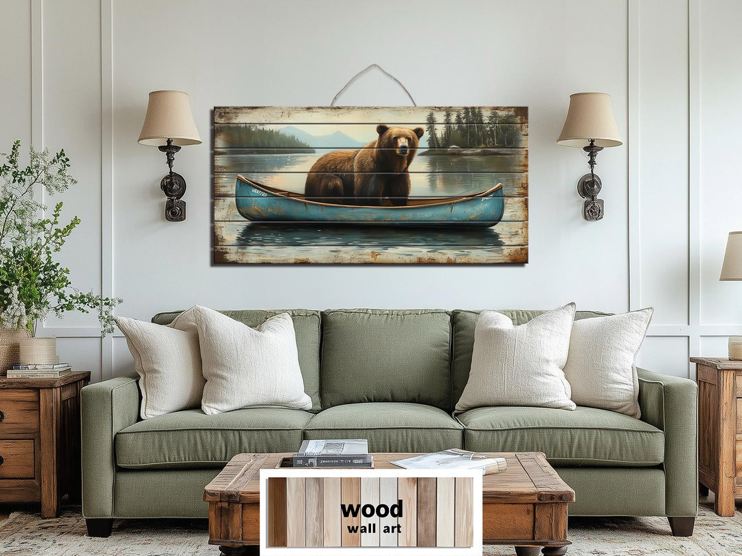 Grizzly Bear in Blue Canoe Distressed Wood Wall Art, Rustic Lake Cabin Wildlife Scene Decor