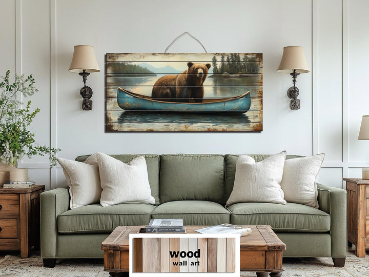 Grizzly Bear in Blue Canoe Distressed Wood Wall Art, Rustic Lake Cabin Wildlife Scene Decor