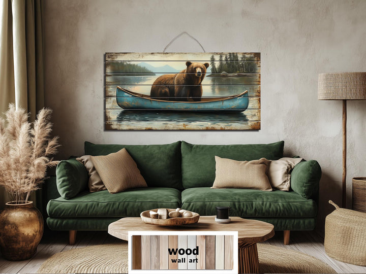 Grizzly Bear in Blue Canoe Distressed Wood Wall Art, Rustic Lake Cabin Wildlife Scene Decor