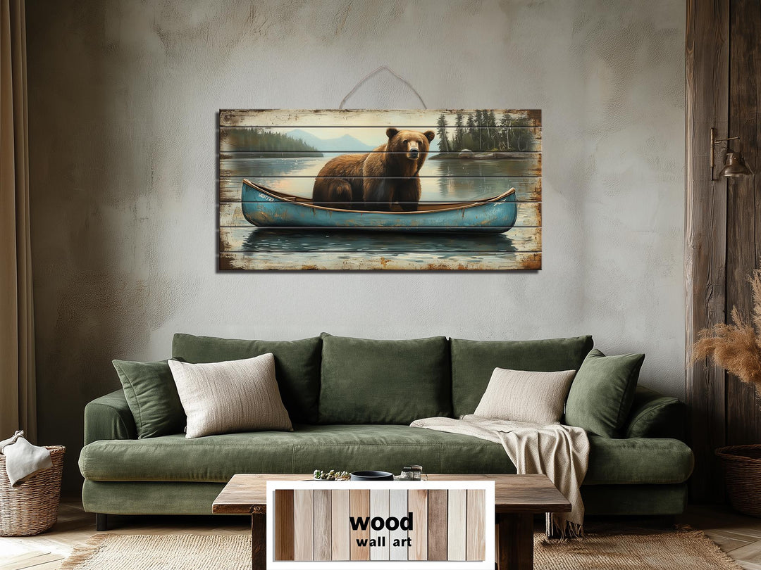 Grizzly Bear in Blue Canoe Distressed Wood Wall Art, Rustic Lake Cabin Wildlife Scene Decor
