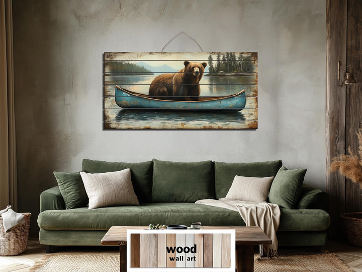 Grizzly Bear in Blue Canoe Distressed Wood Wall Art, Rustic Lake Cabin Wildlife Scene Decor