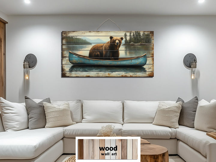 Grizzly Bear in Blue Canoe Distressed Wood Wall Art, Rustic Lake Cabin Wildlife Scene Decor