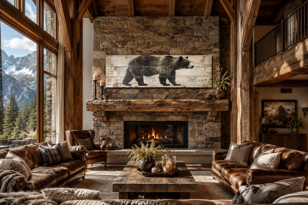 Long horizontal framed canvas wall art of a bear painted on wood above a stone fireplace.