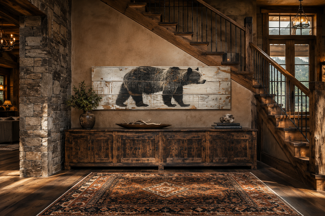 Rustic bear painting on wood-textured horizontal canvas above a wooden sideboard in a cabin.