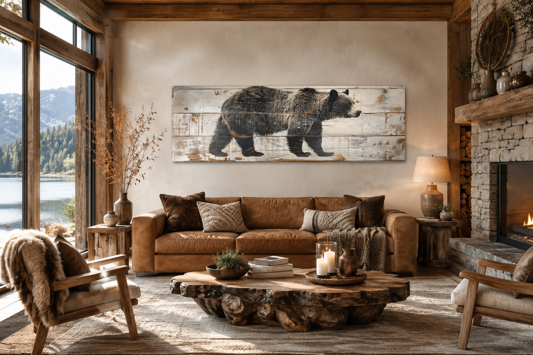 Long horizontal framed canvas wall art of a bear painted on wood in a rustic cabin living room.
