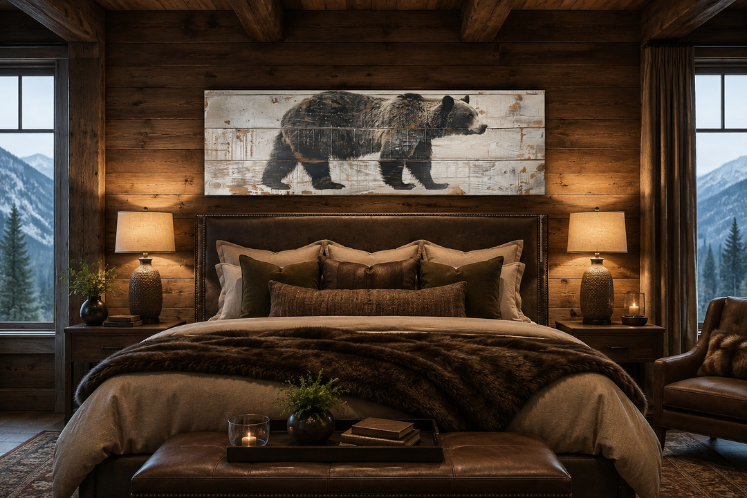 Long horizontal framed canvas wall art of a bear painted on wood, hanging above a bed in a cabin.