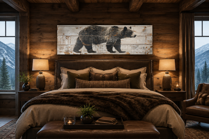 Long horizontal framed canvas wall art of a bear painted on wood, hanging above a bed in a cabin.