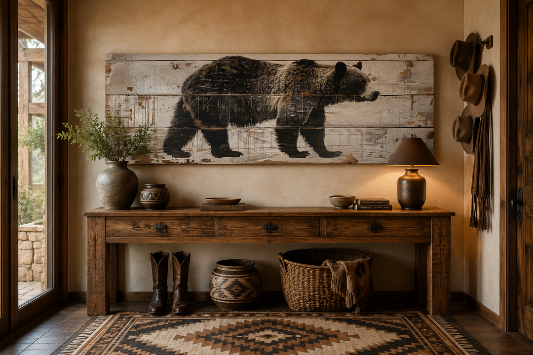 Bear painted on wood long horizontal framed canvas wall art in a rustic cabin entryway.