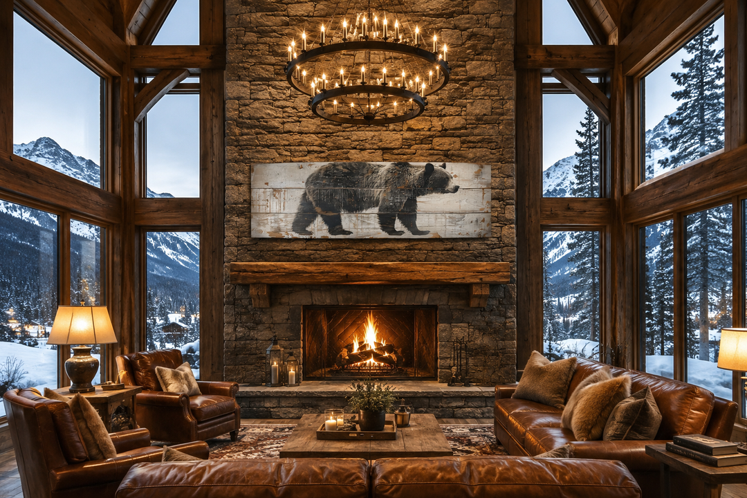 Long horizontal framed canvas wall art of a bear painted on wood above a stone fireplace in a cabin.