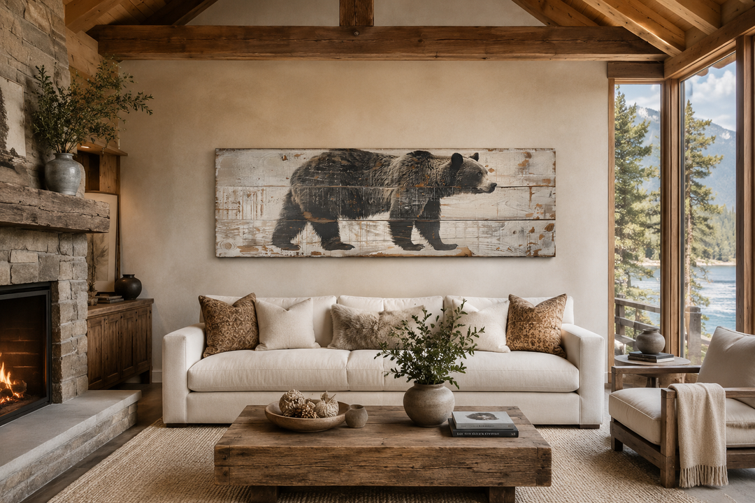 Long horizontal framed canvas wall art of a bear painted on wood above a sofa in a rustic cabin.