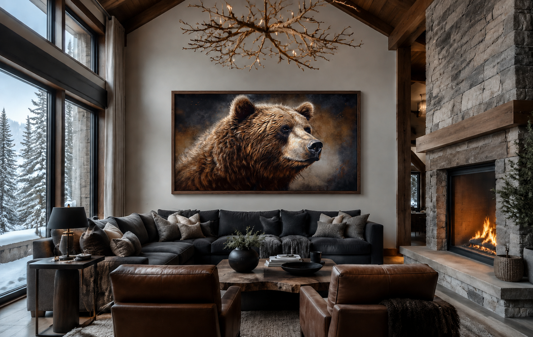 Extra large framed grizzly bear canvas wall art in a rustic lodge living room above a sofa.