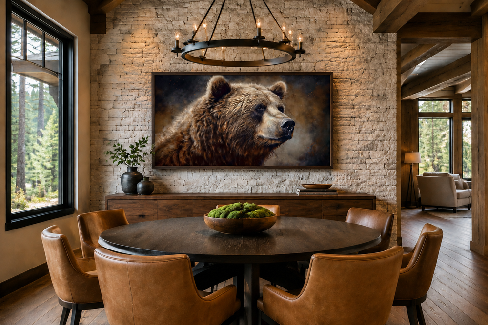 Extra large framed grizzly bear canvas wall art in a rustic lodge dining room with stone walls.