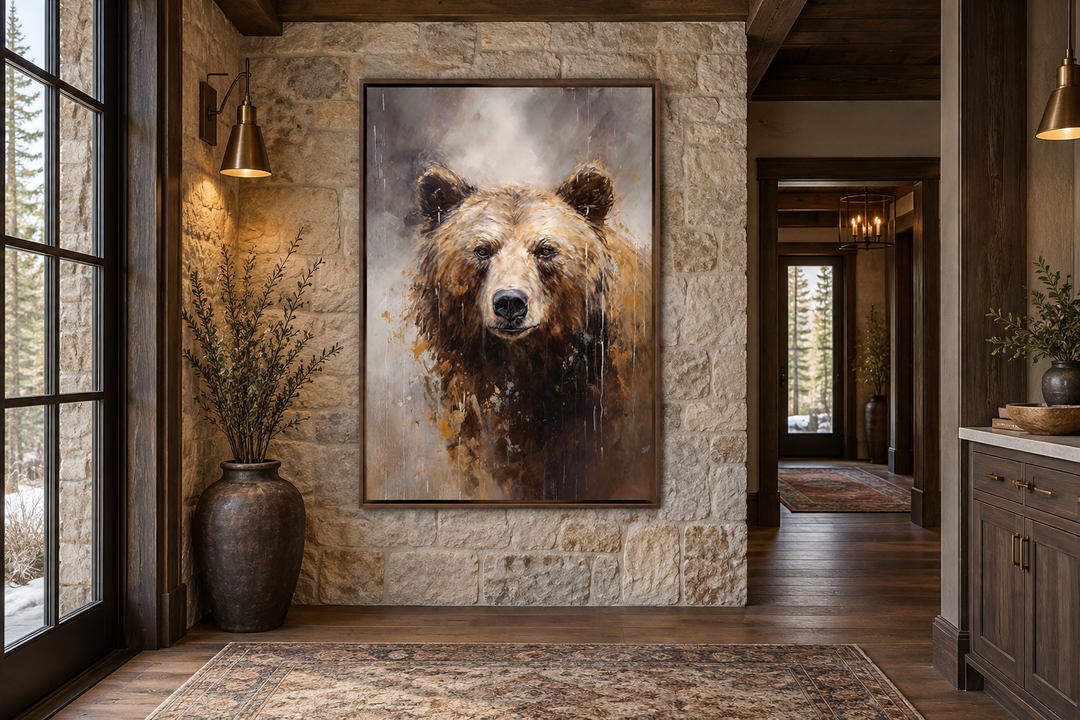 Vertical framed canvas wall art of a grizzly bear portrait on a rustic stone wall in a home.