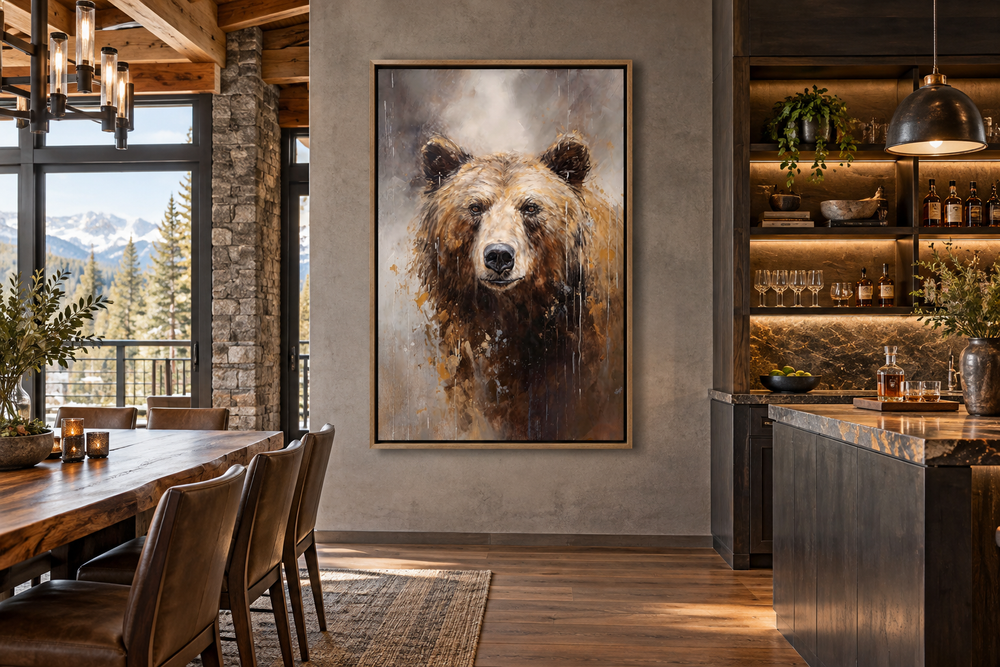 Vertical framed canvas wall art featuring a lifelike grizzly bear portrait in a rustic dining room.