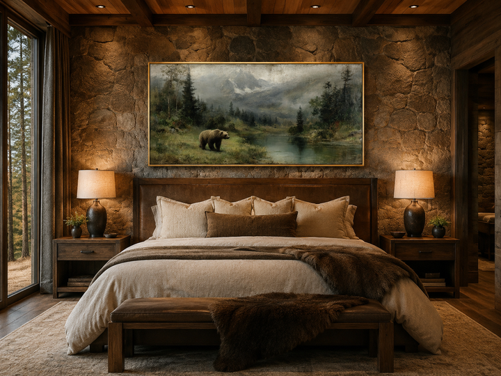 Grizzly bear on the lake rustic framed canvas wall art above a bed in a cabin-style bedroom.