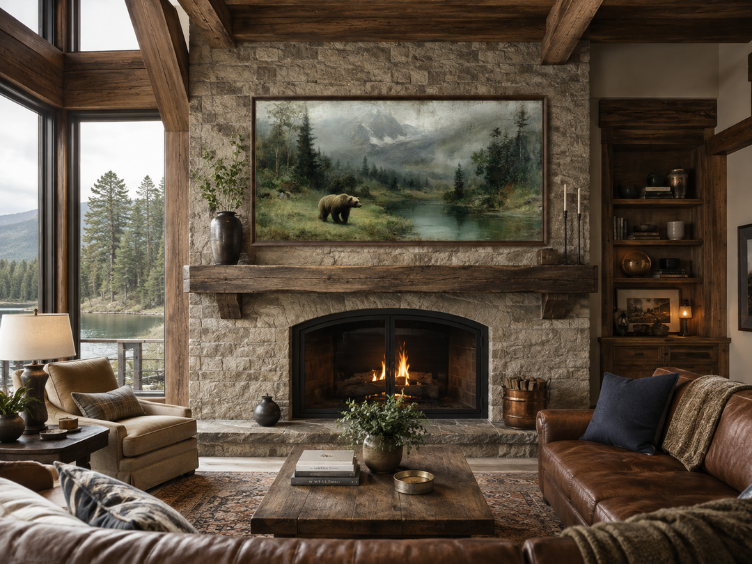Grizzly bear on the lake rustic framed canvas wall art above a stone fireplace in a cabin living room