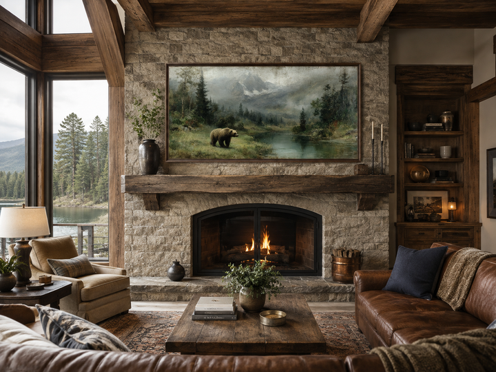 Grizzly bear on the lake rustic framed canvas wall art above a stone fireplace in a cabin living room