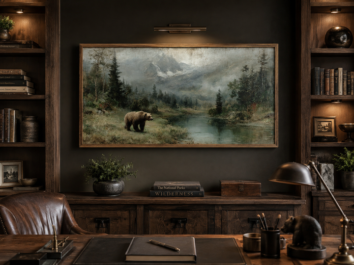 Grizzly bear on the lake rustic framed canvas wall art displayed in a dark wood study.
