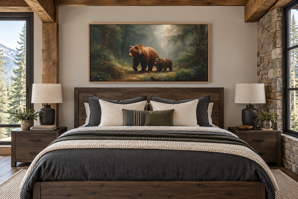 Grizzly mama bear and cub wall art in a rustic bedroom above a dark wood bed frame.