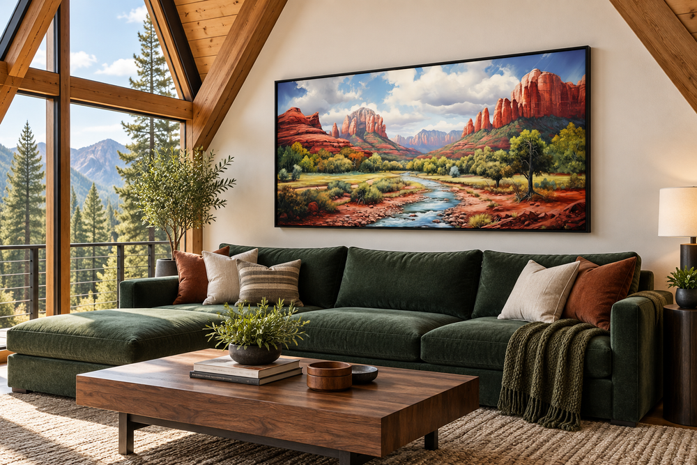 Sedona Arizona Red Rock State Park Southwestern framed canvas wall art above a green sofa.
