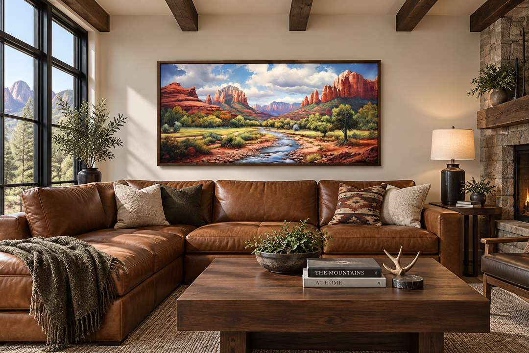 Sedona Arizona Red Rock State Park Southwestern framed canvas wall art above a brown leather sofa.