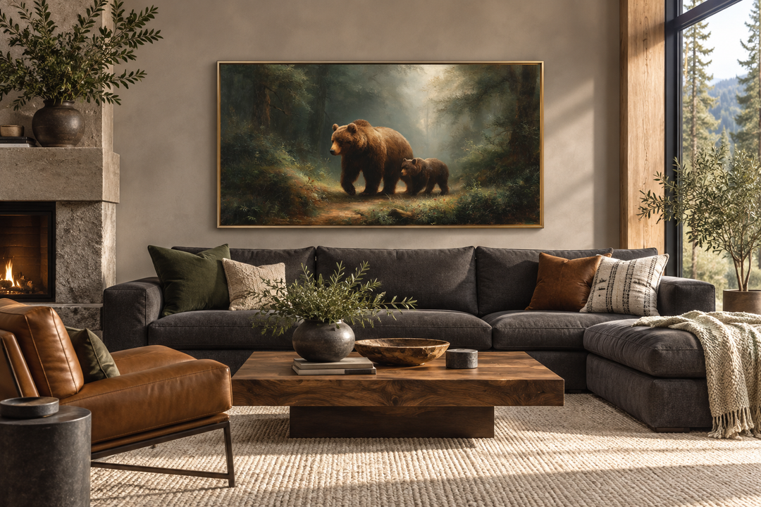 Horizontal canvas print of a grizzly mama bear and cub walking through a sunlit, misty forest.