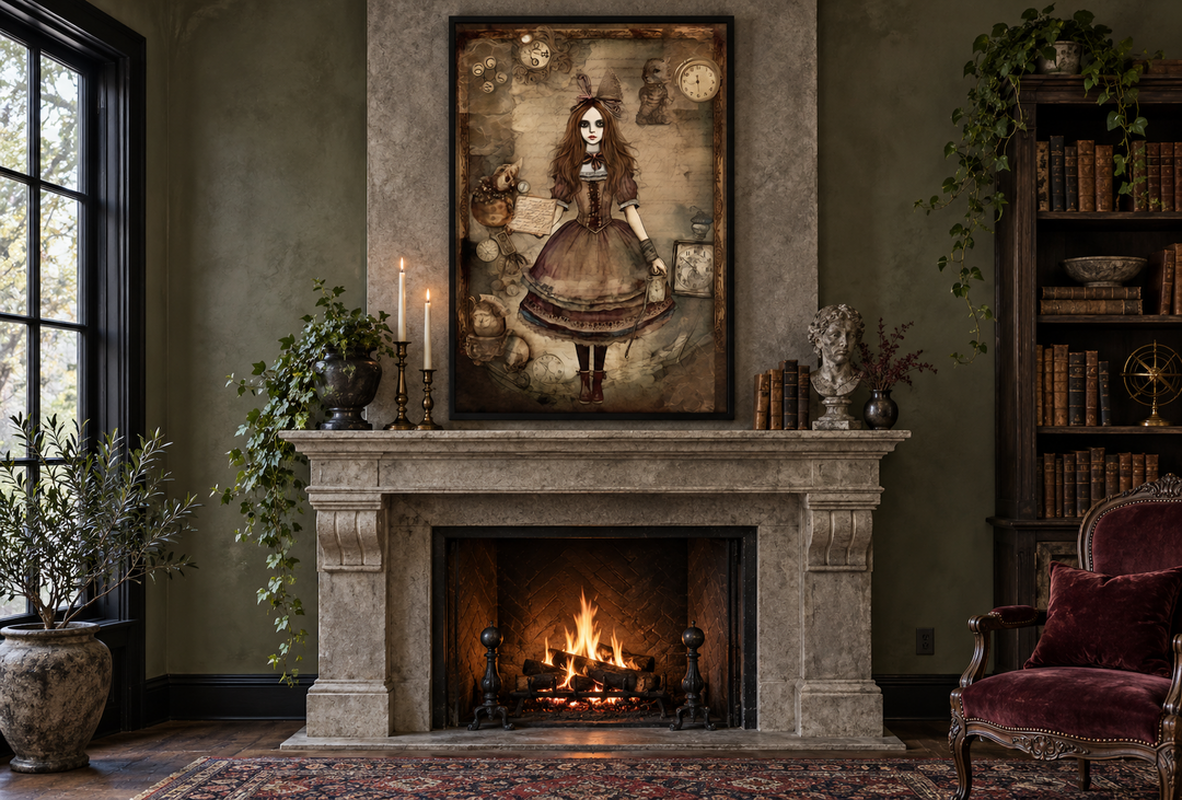Gothic Alice in Wonderland framed canvas art above a stone fireplace in a dark library setting.