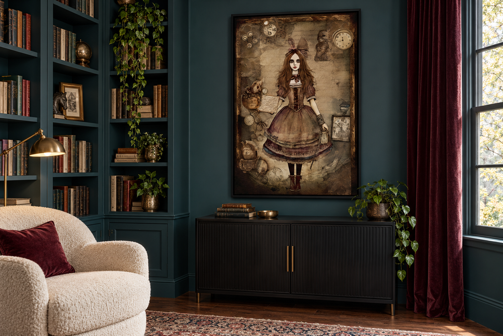 Gothic Alice in Wonderland framed canvas art in a dark teal library with a black sideboard.