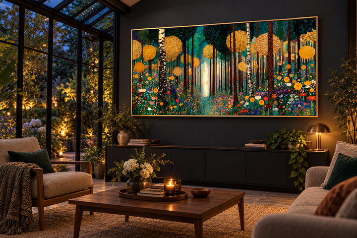 Gustav Klimt inspired golden magical forest canvas wall art above a dark sideboard in a living room.